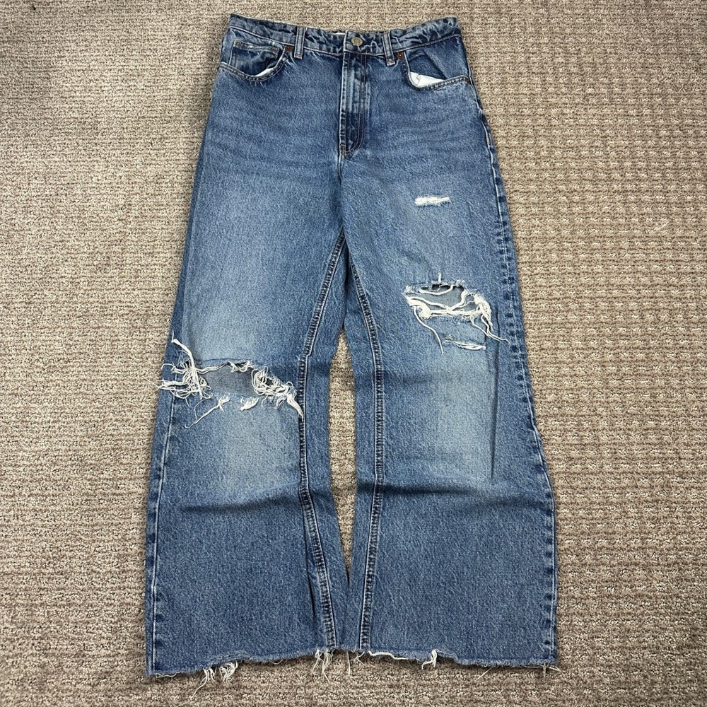 Zara Womens High Waisted Wide Leg Distressed Jeans Blue Denim Size 6
